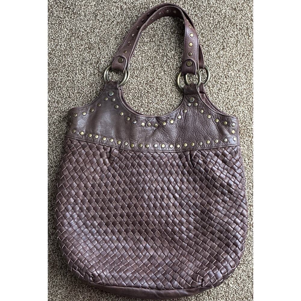 Vintage Brown Leather Basketweave Slouchy Studded Hobo Peasant Chic Dble Strap - Picture 2 of 7